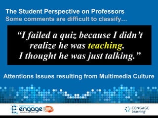 The Student Perspective on Professors
Some comments are difficult to classify…

    “I failed a quiz because I didn’t
        realize he was teaching.
    I thought he was just talking.”

Attentions Issues resulting from Multimedia Culture
 