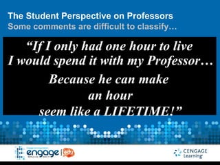 The Student Perspective on Professors
Some comments are difficult to classify…

   “If I only had one hour to live
I would spend it with my Professor…
        Because he can make
               an hour
     seem like a LIFETIME!”
 