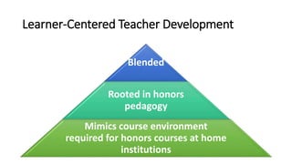 Learner-Centered Teacher Development
Blended
Rooted in honors
pedagogy
Mimics course environment
required for honors courses at home
institutions
 