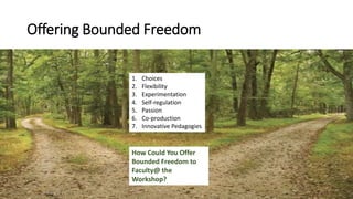 Offering Bounded Freedom
1. Choices
2. Flexibility
3. Experimentation
4. Self-regulation
5. Passion
6. Co-production
7. Innovative Pedagogies
How Could You Offer
Bounded Freedom to
Faculty@ the
Workshop?
 