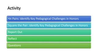 Activity
•In Pairs: Identify Key Pedagogical Challenges in Honors
Square the Pair: Identify Key Pedagogical Challenges in Honors
Report Out
Reflect
Questions
 
