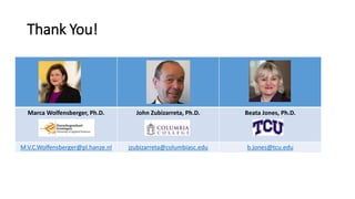 Thank You!
Marca Wolfensberger, Ph.D. John Zubizarreta, Ph.D. Beata Jones, Ph.D.
M.V.C.Wolfensberger@pl.hanze.nl jzubizarreta@columbiasc.edu b.jones@tcu.edu
 
