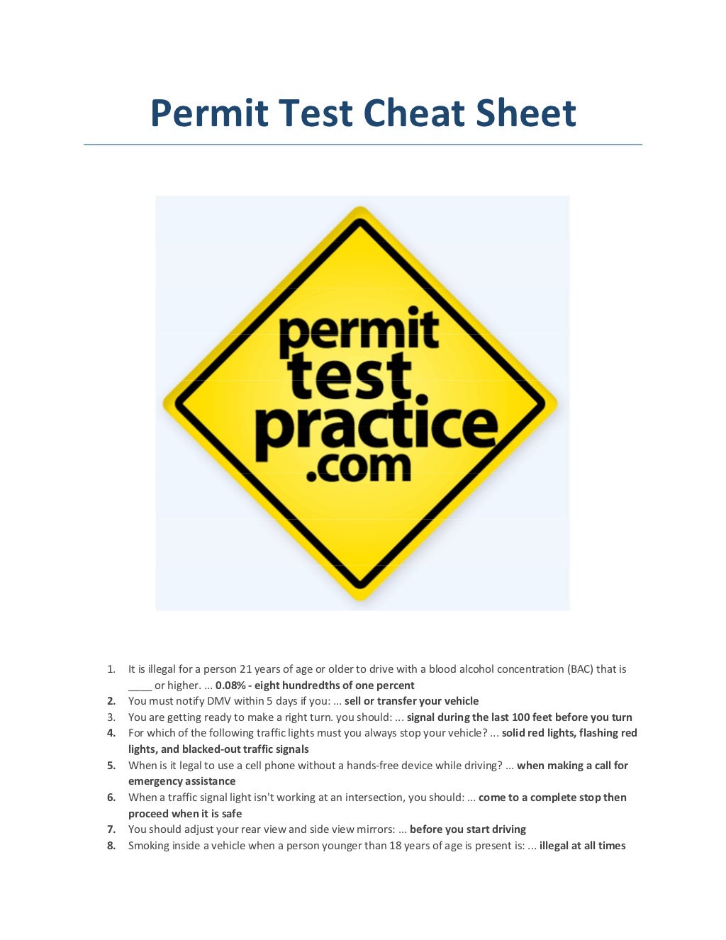 dmv test cheat sheet free