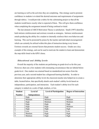 are learning as well as the activities they are completing. One strategy used to promote
confidence in students is to detail the desired outcomes and requirements of assignments
through rubrics. I would provide a rubric for the culminating project so that all the
students would know exactly what is expected of them. This will give them confidence
when completing the assignment instead of being confused or timid.
     The last element of ARCS Motivation Theory is satisfaction. Small (1997) identifies
both intrinsic reinforcement and extrinsic rewards as strategies. Intrinsic reinforcement
entails producing the ability for a student to internally reinforce their own behaviors and
learning. This can be promoted by praise by the teacher and individual encouragement
which can certainly be utilized within this plan of instruction during every lesson.
Extrinsic rewards are external factors that promote student success. Grades are a key
example of this strategy, and can be used to motivate the student to learn and demonstrate
the map skills listed in the GPS I chose.


     Educational and Ability Levels
     Overall the majority of the students are performing on grade-level so far this year.
However, there are a few students with extenuating circumstances that are labeled below
grade-level. One student was retained based on standardized test scores from the
previous year, and a second student has a diagnosed learning disability. In order to
determine their appropriate ability levels the classroom teacher also helped me to create a
table, located below, that specifically details each student’s ability levels based on
independence, participation, and interaction. Each student’s ability level for each
category is ranked on a scale of high, medium, or low.
    Student           Level of              Level of Participation    Degree of Interaction
    Number        Independence
1              High                     High                         High
2              Medium                   Medium                       Medium
3              High                     Medium                       Medium
4              High                     High                         High
5              High                     High                         Medium
6              High                     High                         High
7              Low                      Low                          Low
8              Medium                   High                         High
9              Medium                   High                         High
 