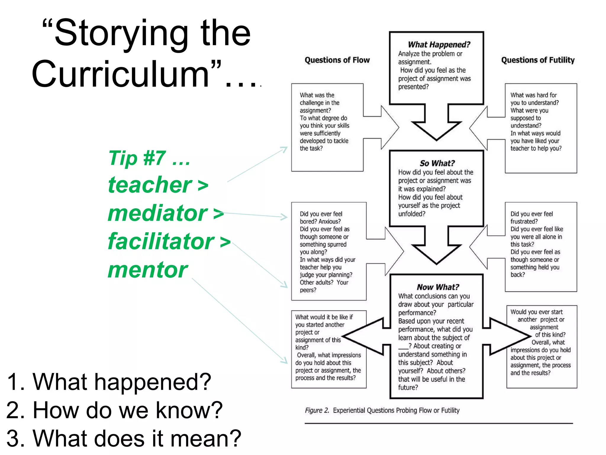 “ Storying the Curriculum”… . 1. What happened? 2. How do we know? 3. What does it mean? Tip #7 … teacher  >  mediator  >  facilitator  >  mentor 