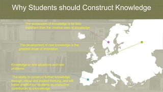 Why Students should Construct Knowledge
The possession of knowledge is far less
important than the creative uses of knowledge
The development of new knowledge is the
greatest driver of innovation
The ability to construct further knowledge
through critical and applied thinking, and will
better position our students as productive
contributors to a knowledge.
Knowledge to new situations and new
problems
 