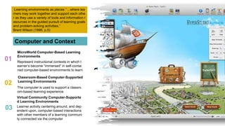 01
02
03
Computer and Context
Represent instructional contexts in which l
earner’s become “immersed” in self-contai
ned computer-based environments to learn
MicroWorld Computer-Based Learning
Environments
The computer is used to support a classro
om-based learning experience
Classroom-Based Computer-Supported
Learning Environments
Learner activity centering around, and dep
endent upon, computer-based interactions
with other members of a learning communi
ty connected via the computer
Virtual Community Computer-Supporte
d Learning Environments
Simple Portfolio
Presentation
Learning environments as places “…where lea
rners may work together and support each othe
r as they use a variety of tools and information r
esources in the guided pursuit of learning goals
and problem-solving activities.”
Brent Wilson (1996, p.5)
 