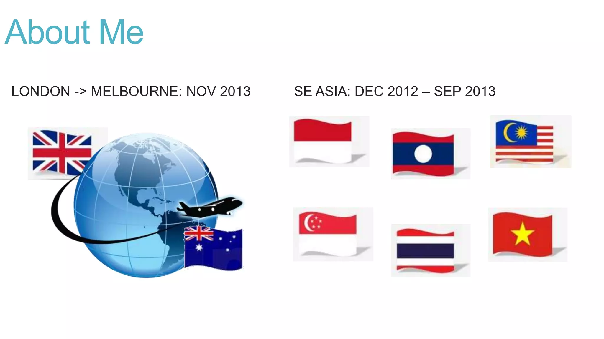 LONDON -> MELBOURNE: NOV 2013 SE ASIA: DEC 2012 – SEP 2013
About Me
 