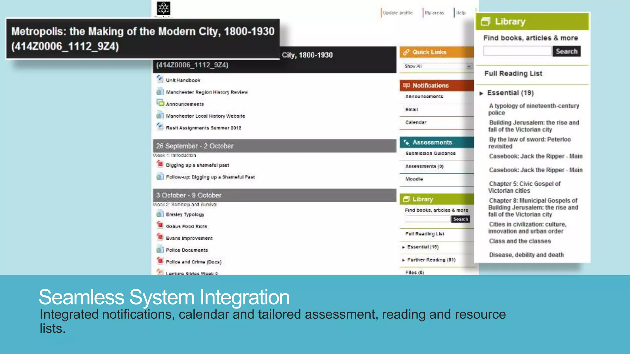 Seamless System Integration
Integrated notifications, calendar and tailored assessment, reading and resource
lists.
 