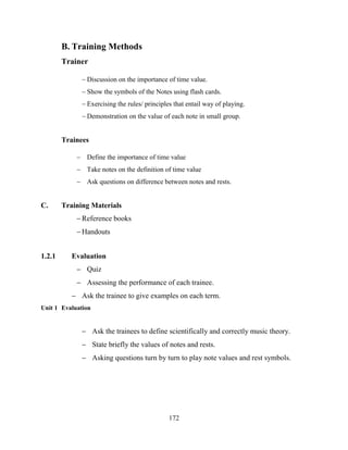 172
B. Training Methods
Trainer
 Discussion on the importance of time value.
 Show the symbols of the Notes using flash cards.
 Exercising the rules/ principles that entail way of playing.
 Demonstration on the value of each note in small group.
Trainees
 Define the importance of time value
 Take notes on the definition of time value
 Ask questions on difference between notes and rests.
C. Training Materials
Reference books
Handouts
1.2.1 Evaluation
 Quiz
 Assessing the performance of each trainee.
 Ask the trainee to give examples on each term.
Unit 1 Evaluation
 Ask the trainees to define scientifically and correctly music theory.
 State briefly the values of notes and rests.
 Asking questions turn by turn to play note values and rest symbols.
 