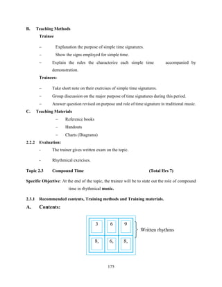 175
B. Teaching Methods
Trainee
 Explanation the purpose of simple time signatures.
 Show the signs employed for simple time.
 Explain the rules the characterize each simple time accompanied by
demonstration.
Trainees:
 Take short note on their exercises of simple time signatures.
 Group discussion on the major purpose of time signatures during this period.
 Answer question revised on purpose and role of time signature in traditional music.
C. Teaching Materials
 Reference books
 Handouts
 Charts (Diagrams)
2.2.2 Evaluation:
- The trainer gives written exam on the topic.
- Rhythmical exercises.
Topic 2.3 Compound Time (Total Hrs 7)
Specific Objective: At the end of the topic, the trainee will be to state out the role of compound
time in rhythmical music.
2.3.1 Recommended contents, Training methods and Training materials.
A. Contents:
3 6 9
8, 6, 8,
Written rhythms
 