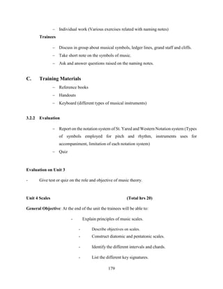 179
 Individual work (Various exercises related with naming notes)
Trainees
 Discuss in group about musical symbols, ledger lines, grand staff and cliffs.
 Take short note on the symbols of music.
 Ask and answer questions raised on the naming notes.
C. Training Materials
 Reference books
 Handouts
 Keyboard (different types of musical instruments)
3.2.2 Evaluation
 Report on the notation system of St. Yared and Western Notation system (Types
of symbols employed for pitch and rhythm, instruments uses for
accompaniment, limitation of each notation system)
 Quiz
Evaluation on Unit 3
- Give test or quiz on the role and objective of music theory.
Unit 4 Scales (Total hrs 20)
General Objective: At the end of the unit the trainees will be able to:
- Explain principles of music scales.
- Describe objectives on scales.
- Construct diatomic and pentatonic scales.
- Identify the different intervals and chards.
- List the different key signatures.
 