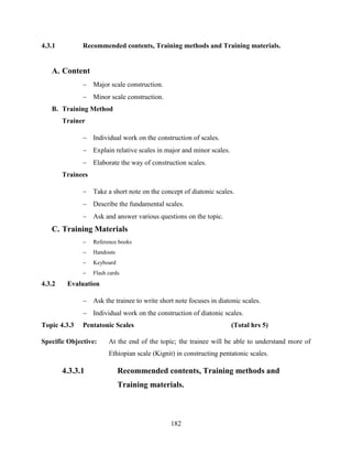 182
4.3.1 Recommended contents, Training methods and Training materials.
A. Content
 Major scale construction.
 Minor scale construction.
B. Training Method
Trainer
 Individual work on the construction of scales.
 Explain relative scales in major and minor scales.
 Elaborate the way of construction scales.
Trainees
 Take a short note on the concept of diatonic scales.
 Describe the fundamental scales.
 Ask and answer various questions on the topic.
C. Training Materials
 Reference books
 Handouts
 Keyboard
 Flash cards
4.3.2 Evaluation
 Ask the trainee to write short note focuses in diatonic scales.
 Individual work on the construction of diatonic scales.
Topic 4.3.3 Pentatonic Scales (Total hrs 5)
Specific Objective: At the end of the topic; the trainee will be able to understand more of
Ethiopian scale (Kignit) in constructing pentatonic scales.
4.3.3.1 Recommended contents, Training methods and
Training materials.
 