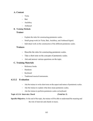 183
A. Content
 Tizita
 Bati
 Anchihoy
 Ambassel
B. Training Methods
Trainer
 Explain the rules for constructing pentatonic scales.
 Small group work (in Tizita, Bati, Anchihoy, and Ambassel kignit)
 Individual work on the construction of the different pentatonic scales.
Trainees
 Describe the rules for constructing pentatonic scales.
 Take a short note on the concepts of pentatonic scales.
 Ask and answer various questions on the topic.
C. Training Materials
 Reference books
 Handouts
 Keyboard
 Traditional musical instruments.
4.3.3.2 Evaluation
 Ask the trainee to write short note on the aspect and nature of pentatonic scales.
 Ask the trainee to explain what does mean pentatonic scales.
 Ask the trainee to perform pentatonic scales on keyboard.
Topic 4.3.3.4 Intervals, Chord (Total hrs 3)
Specific Objective: At the end of the topic, the trainee will be able to understand the meaning and
the role of intervals and chards in music.
 