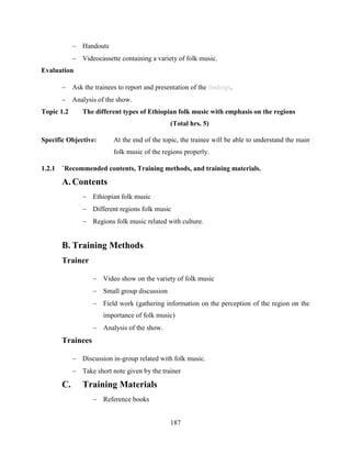 187
 Handouts
 Videocassette containing a variety of folk music.
Evaluation
 Ask the trainees to report and presentation of the findings.
 Analysis of the show.
Topic 1.2 The different types of Ethiopian folk music with emphasis on the regions
(Total hrs. 5)
Specific Objective: At the end of the topic, the trainee will be able to understand the main
folk music of the regions properly.
1.2.1 `Recommended contents, Training methods, and training materials.
A. Contents
 Ethiopian folk music
 Different regions folk music
 Regions folk music related with culture.
B. Training Methods
Trainer
 Video show on the variety of folk music
 Small group discussion
 Field work (gathering information on the perception of the region on the
importance of folk music)
 Analysis of the show.
Trainees
 Discussion in-group related with folk music.
 Take short note given by the trainer
C. Training Materials
 Reference books
 