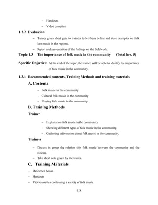 188
 Handouts
 Video cassettes
1.2.2 Evaluation
 Trainer gives short guiz to trainees to let them define and state examples on folk
lore music in the regions.
 Report and presentation of the findings on the fieldwork.
Topic 1.3 The importance of folk music in the community (Total hrs. 5)
Specific Objective: At the end of the topic, the trainee will be able to identify the importance
of folk music in the community.
1.3.1 Recommended contents, Training Methods and training materials
A. Contents
 Folk music in the community
 Cultural folk music in the community
 Playing folk music in the community.
B. Training Methods
Trainer
 Explanation folk music in the community
 Showing different types of folk music in the community.
 Gathering information about folk music in the community.
Trainees
 Discuss in group the relation ship folk music between the community and the
regions.
 Take short note given by the trainer.
C. Training Materials
 Deference books
 Handouts
 Videocassettes containing a variety of folk music.
 