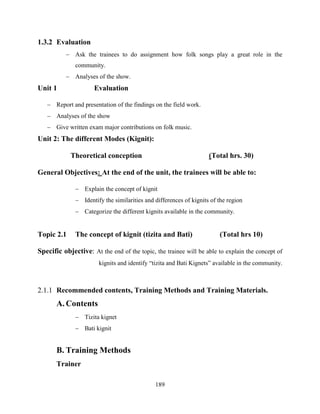 189
1.3.2 Evaluation
 Ask the trainees to do assignment how folk songs play a great role in the
community.
 Analyses of the show.
Unit 1 Evaluation
 Report and presentation of the findings on the field work.
 Analyses of the show
 Give written exam major contributions on folk music.
Unit 2: The different Modes (Kignit):
Theoretical conception (Total hrs. 30)
General Objectives: At the end of the unit, the trainees will be able to:
 Explain the concept of kignit
 Identify the similarities and differences of kignits of the region
 Categorize the different kignits available in the community.
Topic 2.1 The concept of kignit (tizita and Bati) (Total hrs 10)
Specific objective: At the end of the topic, the trainee will be able to explain the concept of
kignits and identify “tizita and Bati Kignets” available in the community.
2.1.1 Recommended contents, Training Methods and Training Materials.
A. Contents
 Tizita kignet
 Bati kignit
B. Training Methods
Trainer
 