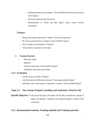 190
 Small group discussion on kignits. This should be based on the experiences
of the trainees
 Short presentation on the discussion
 Demonstration in “Tizita and Bati kignit” using various musical
instruments.
Trainees
 Discuss the purpose and need of “Kignits” from their experience.
 Do various questions how to produce “tizeta and Bati” kignets.
 Give example on the purpose of “Kignits”
 Ask and answer questions on the topic.
C. Training Materials
 Reference books
 Handouts
 Cassettes containing “Tizita and Bati Kignits”
 Traditional instruments, key boards
2.1.2 Evaluation
 Ask the trainees to define “Kignits”
 Ask the trainee the differences between “Tizita kignit and Bati Kignit”
 Individual work; each trainees is required to construct “Tizita and Bati Kignits”
Topic 2.2 The concept of kignits (Anchihoy and Ambassel) (Total hrs 10)
Specific Objective: At the end of the topic, the trainee will be able to explain the concept of
kignits and identify “Anchihoy and Ambassel kignits” avilable in the
community.
2.2.1 Recommended contents, Training methods and Training materials
 