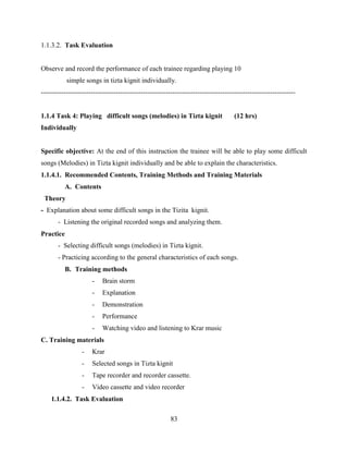 83
1.1.3.2. Task Evaluation
Observe and record the performance of each trainee regarding playing 10
simple songs in tizta kignit individually.
----------------------------------------------------------------------------------------------------------------
1.1.4 Task 4: Playing difficult songs (melodies) in Tizta kignit (12 hrs)
Individually
Specific objective: At the end of this instruction the trainee will be able to play some difficult
songs (Melodies) in Tizta kignit individually and be able to explain the characteristics.
1.1.4.1. Recommended Contents, Training Methods and Training Materials
A. Contents
Theory
- Explanation about some difficult songs in the Tizita kignit.
- Listening the original recorded songs and analyzing them.
Practice
- Selecting difficult songs (melodies) in Tizta kignit.
- Practicing according to the general characteristics of each songs.
B. Training methods
- Brain storm
- Explanation
- Demonstration
- Performance
- Watching video and listening to Krar music
C. Training materials
- Krar
- Selected songs in Tizta kignit
- Tape recorder and recorder cassette.
- Video cassette and video recorder
1.1.4.2. Task Evaluation
 