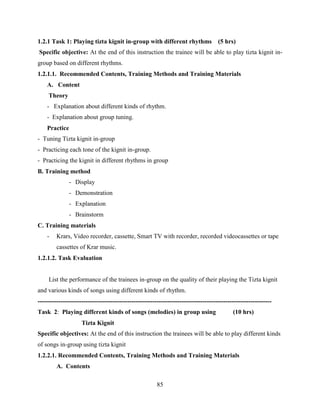 85
1.2.1 Task 1: Playing tizta kignit in-group with different rhythms (5 hrs)
Specific objective: At the end of this instruction the trainee will be able to play tizta kignit in-
group based on different rhythms.
1.2.1.1. Recommended Contents, Training Methods and Training Materials
A. Content
Theory
- Explanation about different kinds of rhythm.
- Explanation about group tuning.
Practice
- Tuning Tizta kignit in-group
- Practicing each tone of the kignit in-group.
- Practicing the kignit in different rhythms in group
B. Training method
- Display
- Demonstration
- Explanation
- Brainstorm
C. Training materials
- Krars, Video recorder, cassette, Smart TV with recorder, recorded videocassettes or tape
cassettes of Krar music.
1.2.1.2. Task Evaluation
List the performance of the trainees in-group on the quality of their playing the Tizta kignit
and various kinds of songs using different kinds of rhythm.
----------------------------------------------------------------------------------------------------------------
Task 2: Playing different kinds of songs (melodies) in group using (10 hrs)
Tizta Kignit
Specific objectives: At the end of this instruction the trainees will be able to play different kinds
of songs in-group using tizta kignit
1.2.2.1. Recommended Contents, Training Methods and Training Materials
A. Contents
 