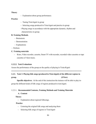 86
Theory
- Explanation about group performance.
Practice
- Tuning Tizta kignit in group
- Selecting songs produced in Tizta kignit and practice in group
- Playing songs in accordance with the appropriate dynamic, rhythm and
characteristics in-group.
B. Training Methods.
- Brainstorm
- Demonstration
- Explanations
- Perform
C. Training materials
- Krars, Video recorder, cassette, Smart TV with recorder, recorded video cassettes or tape
cassettes of Krar music.
1.2.2.2. Task Evaluations
Assess the performance of the group on the quality of playing in Tizita Kignit
----------------------------------------------------------------------------------------------------------------
1.2.3. Task 3: Playing folk songs (produced in Tizta kignit) of the different regions in
group. (15 hrs)
Specific objectives: At the end of this instruction the trainees will be able to play in-
group the different kinds of folk songs of regions produced in tizta kignit.
1.2.3.1. Recommended Contents, Training Methods and Training Materials
A. Content
Theory
- Explanation about regional folksongs.
Practice
- Listening the original folk songs and analyzing them
- Selecting folk songs of regions in Tizta kignit
 