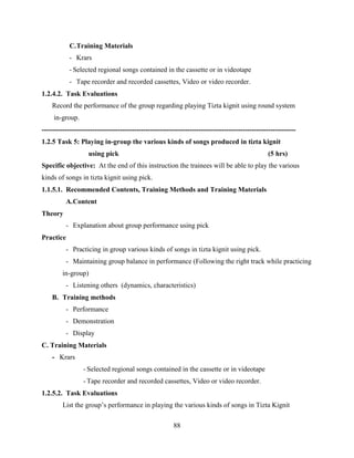 88
C.Training Materials
- Krars
- Selected regional songs contained in the cassette or in videotape
- Tape recorder and recorded cassettes, Video or video recorder.
1.2.4.2. Task Evaluations
Record the performance of the group regarding playing Tizta kignit using round system
in-group.
--------------------------------------------------------------------------------------------------------------
1.2.5 Task 5: Playing in-group the various kinds of songs produced in tizta kignit
using pick (5 hrs)
Specific objective: At the end of this instruction the trainees will be able to play the various
kinds of songs in tizta kignit using pick.
1.1.5.1. Recommended Contents, Training Methods and Training Materials
A.Content
Theory
- Explanation about group performance using pick
Practice
- Practicing in group various kinds of songs in tizta kignit using pick.
- Maintaining group balance in performance (Following the right track while practicing
in-group)
- Listening others (dynamics, characteristics)
B. Training methods
- Performance
- Demonstration
- Display
C. Training Materials
- Krars
- Selected regional songs contained in the cassette or in videotape
- Tape recorder and recorded cassettes, Video or video recorder.
1.2.5.2. Task Evaluations
List the group’s performance in playing the various kinds of songs in Tizta Kignit
 