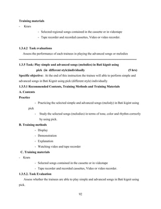 92
Training materials
- Krars
- Selected regional songs contained in the cassette or in videotape
- Tape recorder and recorded cassettes, Video or video recorder.
1.3.4.2 Task evaluations
Assess the performance of each trainees in playing the advanced songs or melodies
----------------------------------------------------------------------------------------------------------------
1.3.5 Task: Play simple and advanced songs (melodies) in Bati kignit using
pick (in different style)individually (5 hrs)
Specific objective: At the end of this instruction the trainee will able to perform simple and
advanced songs in Bati Kignit using pick (different style) individually
1.3.5.1 Recommended Contents, Training Methods and Training Materials
A. Contents
Practice
- Practicing the selected simple and advanced songs (melody) in Bati kigint using
pick
- Study the selected songs (melodies) in terms of tone, color and rhythm correctly
by using pick.
B. Training methods
- Display
- Demonstration
- Explanation
- Watching video and tape recorder
C. Training materials
- Krars
- Selected songs contained in the cassette or in videotape
- Tape recorder and recorded cassettes, Video or video recorder.
1.3.5.2. Task Evaluation
Assess whether the trainees are able to play simple and advanced songs in Bati kignit using
pick.
 