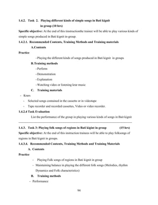 94
1.4.2. Task 2. Playing different kinds of simple songs in Bati kignit
in group (10 hrs)
Specific objective: At the end of this tinstructionthe trainee will be able to play various kinds of
simple songs produced in Bati kignit in-group.
1.4.2.1. Recommended Contents, Training Methods and Training materials
A.Contents
Practice
- Playing the different kinds of songs produced in Bati kignit in groups
B.Training methods
- Perform
- Demonstration
- Explanation
- Watching video or listening krar music
C. Training materials
- Krars
- Selected songs contained in the cassette or in videotape
- Tape recorder and recorded cassettes, Video or video recorder.
1.4.2.4 Task Evaluation
List the performance of the group in playing various kinds of songs in Bait kignit
--------------------------------------------------------------------------------------------------------------
1.4.3. Task 3: Playing folk songs of regions in Bati kigint in group (15 hrs)
Specific objective: At the end of this instruction trainees will be able to play folksongs of
regions in Bati kignit in groups.
1.4.3.4. Recommended Contents, Training Methods and Training Materials
A. Contents
Practice
- Playing Falk songs of regions in Bati kignit in group
- Maintaining balance in playing the different folk songs (Melodies, rhythm
Dynamics and Folk characteristics)
B. Training methods
- Performance
 