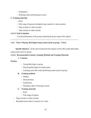 95
- Explanation
- Watching video and listening to music.
C. Training materials
- Krars
- Folk songs of regions (recorded in tape cassette or video cassette)
- Tape recorder or video recorder
- Tape cassette or video cassette
1.4.3.2. Task Evaluation
List the performance of the group in playing the given songs of the regions
-----------------------------------------------------------------------------------------------------------------
1.4.4. Task 4: Playing Bati Kignit using round system in group ( 5 hrs)
Specific objective: At the end of instruction the trainees will be able to play Bati kignit
using round system in-group.
1.4.4.1. Recommended Contents, Training Methods and Training Materials
A. Contents
Practice
- Tuning Bati kignit in group
- Practicing Bati kignit in round system
- Listening each other while performing round system in group
B. Training methods
- Display
- Demonstration
- Explanation
- Watching video or listening to music
C. Training materials
- Krars
- Folk songs of regions
- Tape recorder or video recorder
- Recorded music either in cassette or in video
 