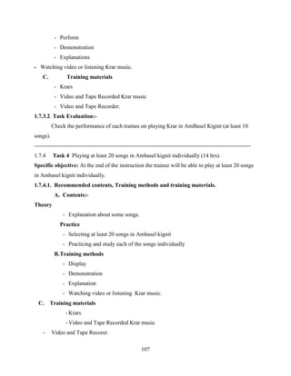 107
- Perform
- Demonstration
- Explanations
- Watching video or listening Krar music.
C. Training materials
- Krars
- Video and Tape Recorded Krar music
- Video and Tape Recorder.
1.7.3.2. Task Evaluation:-
Check the performance of each trainee on playing Krar in AmBasel Kigint (at least 10
songs).
------------------------------------------------------------------------------------------------------------------
1.7.4 Task 4 Playing at least 20 songs in Ambasel kignit individually (14 hrs).
Specific objective: At the end of the instruction the trainee will be able to play at least 20 songs
in Ambasel kignit individually.
1.7.4.1. Recommended contents, Training methods and training materials.
A. Contents:-
Theory
- Explanation about some songs.
Practice
- Selecting at least 20 songs in Ambasel kignit
- Practicing and study each of the songs individually
B.Training methods
- Display
- Demonstration
- Explanation
- Watching video or listening Krar music.
C. Training materials
- Krars
- Video and Tape Recorded Krar music
- Video and Tape Recorer.
 