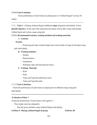 108
1.7.4.2 Task Evaluation
Check performance of each trainee on playing krar in "Ambasel Kignit" (at least 20
songs).
------------------------------------------------------------------------------------------------------------------
1.7.5. Task 5 -- Playing Ambasel Kignit indifferent songs using pick individually. (6 hrs)
Specific objective: At the end of the instruction the trainee will be able to play individually
Ambale kigint and various songs using pick.
1.7.5.1. Recommended contents, training methods and training materials.
A. Contents
Practice
- Practicing and study Ambasel kignit and various kinds of songs in the kignit using
pick individually.
B. Training methods:-
- Display
- Demonstration
- Explanation
- Watching video and listening krar music
C. Training Materials
- Krars
- Picks
- Video and Tape Recorded Krar music
- Video and Tape Recorder.
1.7.5.2.Task Evaluation:
Check the performance of each trainee on playing krar in different songs using pick
individually.
------------------------------------------------------------------------------------------------------------------
Evaluation of Duty 7
Assing the performance of each trainee with regard to : -
- Play simple exercises adequately.
- Play the given melodies using Ambasel Kignit individually.
1.8 Duty 8 - Playing Ambasel kignit in-group Total hrs 40
 