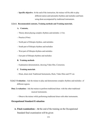 131
- Specific objective: At the end of the instruction, the trainee will be able to play
different nation and nationalist rhythms and melodies and beats
using drum accompanied by traditional instruments.
2.2.4.1. Recommended contents, Training methods and Training materials.
A. Contents,
- Theory about playing complex rhythms and melodies (1 hr).
- Practice (9 hrs)
- North part of Ethiopia rhythms. and melodies
- South part of Ethiopia rhythms and melodies
- West part of Ethiopia rhythms and melodies
- East part of Ethiopia rhythms and melodies
B. Training methods
- Explanation demonstration, showing Video film, Correction.
C. Training materials
- Drum, drum stick Traditional Instruments, Deck, Video films and TV set.
3.2.4.2 Evaluation:- Ask the trainee to play and demonstrate complex rhythms and melodies of
different regions.
Duty 2 evaluation:- Ask the trainee to perform traditional drum with the other traditional
musical instruments.
- Observe the trainee while performing traditional drum with other instruments.
Occupational Standard Evaluation
A. Final examination: - At the end of the training on the Occupational
Standard final examination will be given
 