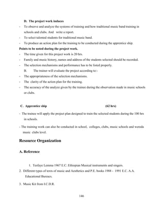 146
D. The project work induces
- To observe and analyze the systems of training and how traditional music band training in
schools and clubs. And write a report.
- To select talented students for traditional music band.
- To produce an action plan for the training to be conducted during the apprentice ship.
Points to be noted during the project work.
- The time given for this project work is 20 hrs.
- Family and music history, names and address of the students selected should be recorded.
- The selection mechanisms and performance has to be listed properly.
B. The trainer will evaluate the project according to:-
- The appropriateness of the selection mechanisms.
- The clarity of the action plan for the training.
- The accuracy of the analyze given by the trainee during the observation made in music schools
or clubs.
C. Apprentice ship (62 hrs)
- The trainee will apply the project plan designed to train the selected students during the 100 hrs
in schools.
- The training work can also be conducted in school, colleges, clubs, music schools and wereda
music clubs level.
Resource Organization
A. Reference
1. Tesfaye Lemma 1967 E.C. Ethiopian Musical instruments and singers.
2. Different types of texts of music and Aesthetics and P.E. books 1988 - 1991 E.C. A.A.
Educational Bureacs.
3. Music Kit from I.C.D.R.
 