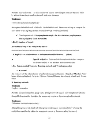 153
Provides individual work. The individual work focuses on writing an essay on the issue either
by asking the pertinent people or through reviewing literature
Trainees:
Follows the explanations attentively
Attempt the individual work efficiently. The individual work focuses on writing an essay on the
issue either by asking the pertinent people or through reviewing literature
C. Training materials: Photographs that depict the 40 Armenians playing music,
music played by them if available
1.2.2. Evaluation of topic 2
Assess the quality of the essay of the trainee
……………………………………………………………………………………………
1.3. Topic 3: The establishment of different musical institutions (6 hrs)
 Specific objective: At the end of the session the trainee compares
the establishments of the different musical institutions
1.1.2. Recommended Contents, Training methods and Training materials
A. Contents
An overview of the establishment of different musical institutions: Hagerfiqir Mahiber; Army
bands; Municipality band; Orchestra Ethiopia; National Theater; Yared music school ; and Private
bands
B. Training methods
Trainer:
Employs explanation
Provides and coordinates the group works ( the group work focuses on writing history of some
the establishments either by asking the appropriate people or through reading literatures)
Trainees:
Follows the explanations attentively
Attempt the group work attentively ( the group work focuses on writing history of some the
establishments either by asking the appropriate people or through reading literatures)
 