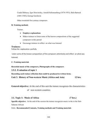 160
Caude Debussy; Igor Stravinisky; Arnold Schoneneberg (1874-1951); Bela Bartock
(1881-1945); George Gershwin
Other twentieth first century composers
B. Training methods
Trainer:
 Employs explanations
 Makes trainees to listen some of the known compositions of the suggested
composers in this period
 Encourage trainees to reflect on what was listened
Trainees:
Follow the explanation carefully
Listen some of the known compositions of the composers attentively and reflect on what was
listened.
C. Training materials
Recorded music of the composers, Photographs of the composers
2.5.2. Evaluation of topic 1
Recording each trainee reflection that could be produced in written form.
Unit 3. History of Non-western Music (Africa and Asia) 12 hrs.
General objective: At the end of this unit the trainee recognizes the characteristics
of non-western countries
3.1. Topic 1: Music of Africa (7 hrs.)
Specific objective: At the end of the session the trainee recognizes music in the in the Sub-
Saharan African
3.1.1. Recommended Contents, Training methods and Training materials
 