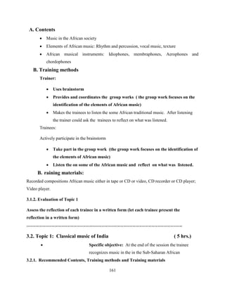 161
A. Contents
 Music in the African society
 Elements of African music: Rhythm and percussion, vocal music, texture
 African musical instruments: Idiophones, membraphones, Aerophones and
chordophones
B. Training methods
Trainer:
 Uses brainstorm
 Provides and coordinates the group works ( the group work focuses on the
identification of the elements of African music)
 Makes the trainees to listen the some African traditional music. After listening
the trainer could ask the trainees to reflect on what was listened.
Trainees:
Actively participate in the brainstorm
 Take part in the group work (the group work focuses on the identification of
the elements of African music)
 Listen the on some of the African music and reflect on what was listened.
B. raining materials:
Recorded compositions African music either in tape or CD or video, CD recorder or CD player;
Video player.
3.1.2. Evaluation of Topic 1
Assess the reflection of each trainee in a written form (let each trainee present the
reflection in a written form)
…………………………………………………………………………………………….
3.2. Topic 1: Classical music of India ( 5 hrs.)
 Specific objective: At the end of the session the trainee
recognizes music in the in the Sub-Saharan African
3.2.1. Recommended Contents, Training methods and Training materials
 