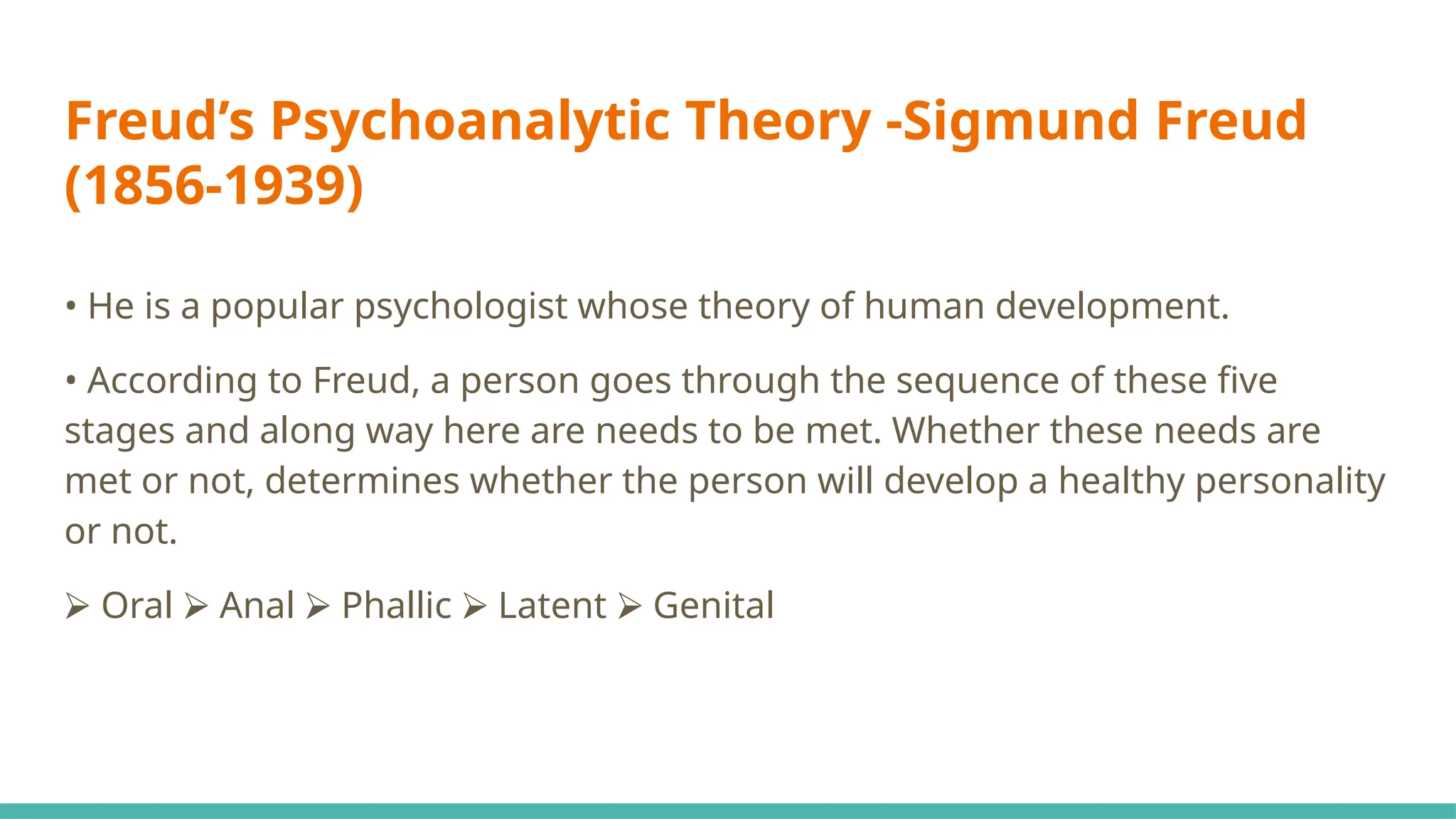 Freud’s Psychoanalytic Theory -Sigmund Freud
(1856-1939)
• He is a popular psychologist whose theory of human development.
• According to Freud, a person goes through the sequence of these five
stages and along way here are needs to be met. Whether these needs are
met or not, determines whether the person will develop a healthy personality
or not.
⮚ Oral Anal Phallic Latent Genital
⮚ ⮚ ⮚ ⮚
 