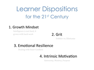 Learner Dispositions
                          for the 21st Century

1.	
  Growth	
  Mindset	
  
   Intelligence	
  is	
  not	
  ?ixed,	
  it	
  
   grows	
  with	
  hard	
  work	
                                2.	
  Grit	
  
                                                                        Dabbler	
  vs.	
  Dilettante	
  


    3.	
  Emo*onal	
  Resilience	
  
            Dealing	
  with	
  Inner	
  Con?licts	
  


                                                   4.	
  Intrinsic	
  Mo*va*on	
  
                                                        Autonomy,	
  Mastery,	
  Purpose	
  
 
