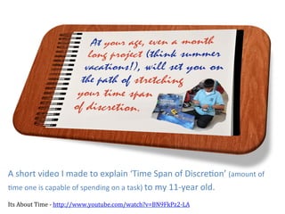 A	
  short	
  video	
  I	
  made	
  to	
  explain	
  ‘Time	
  Span	
  of	
  Discre*on’	
  (amount	
  of	
  
*me	
  one	
  is	
  capable	
  of	
  spending	
  on	
  a	
  task)	
  to	
  my	
  11-­‐year	
  old.	
  

Its	
  About	
  Time	
  -­‐	
  http://www.youtube.com/watch?v=BN9FkPz2-­‐LA	
  	
  
 