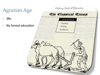 Agrarian Age
-­‐  3Rs	
  

-­‐  No	
  formal	
  educa*on	
  	
  
 