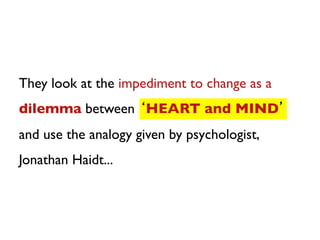 They look at the impediment to change as a
dilemma between ‘HEART and MIND’
and use the analogy given by psychologist,
Jonathan Haidt...	

 