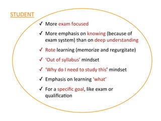STUDENT	
  
              ✓  More	
  exam	
  focused	
  
              ✓  More	
  emphasis	
  on	
  knowing	
  (because	
  of	
  	
  
                 exam	
  system)	
  than	
  on	
  deep	
  understanding	
  
              ✓  Rote	
  learning	
  (memorize	
  and	
  regurgitate)	
  
              ✓  ‘Out	
  of	
  syllabus’	
  mindset	
  
              ✓  ‘Why	
  do	
  I	
  need	
  to	
  study	
  this’	
  mindset	
  
              ✓  Emphasis	
  on	
  learning	
  ‘what’	
  
              ✓  For	
  a	
  speciﬁc	
  goal,	
  like	
  exam	
  or	
  
                 qualiﬁca*on	
  
              	
  
 