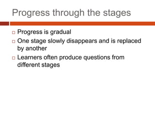 Progress through the stages
   Progress is gradual
   One stage slowly disappears and is replaced
    by another
   Learners often produce questions from
    different stages
 