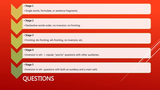QUESTIONS
• Stage 1
• Single words, formulate, or sentence fragments.
• Stage 2
• Declarative words order, no inversion, no fronting.
• Stage 3
• Fronting: do-fronting; wh-fronting, no inversion, etc.
• Stage 4
• Inversion in wh- + copula; “yes/no” questions with other auxiliaries.
• Stage 5
• Inversion in wh- questions with both an auxiliary and a main verb.
 