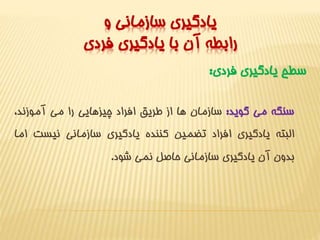 يادگيري سازماني و 
رابطه آن با يادگيري فردي 
سطح يادگيري فردي: 
سنگه مي گويد: سازمان ها از طريق افراد چيزهايي را مي آموزند، 
البته يادگيري افراد تضمين کننده يادگيري سازماني نيست اما 
بدون آن يادگيري سازماني حاصل نمي شود. 
 