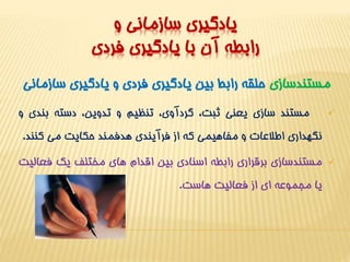 يادگيري سازماني و 
رابطه آن با يادگيري فردي 
مستندسازي حلقه رابط بين يادگيري فردي و يادگيري سازماني 
مستند سازي يعني ثبت، گردآوي، تنظيم و تدوين، دسته بندي و  
نگهداري اطلاعات و مفاهيمي که از فرآيندي هدفمند حکايت مي کنند. 
مستندسازي برقراري رابطه اسنادي بين اقدام هاي مختلف يک فعاليت  
يا مجموعه اي از فعاليت هاست. 
 