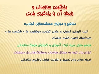يادگيري سازماني و 
رابطه آن با يادگيري فردي 
منافع و مزاياي مستندسازي تجارب: 
ثبت تاريخي، تحليلي و علمي تجارب، موفقيت ها و شکست ها و  
رويدادهاي تعيين کننده سازمان 
فراهم سازي زمينه ثبت، آموزشو گسترشفرهنگ سازماني  
ابزاري براي توجه به مسائل سازماني و سازوکارهاي حل معضلات  
زمينه سازي براي تسهيل و تقويت فرايند يادگيري سازماني  
 