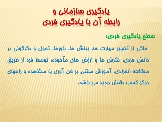 يادگيري سازماني و 
رابطه آن با يادگيري فردي 
سطح يادگيري فردي: 
حاکي از تغيير مهارت ها، بينش ها، باورها، تحول و دگرگوني در 
دانش فردي، نگرش ها و ارزش هاي مآخوذه، توسط فرد از طريق 
مطالعه انفرادي، آموزش مبتني بر فن آوري يا مشاهده و راههاي 
ديگر کسب دانشجديد مي باشد. 
 