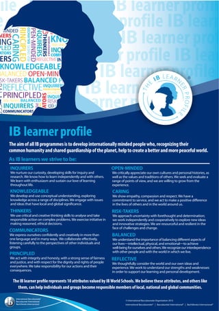 IB learner profile
IB learner profile IB learn
IB learner prof
IB learner profile IB lear
IB learner profile
IB learner profile
IB learner profileIB lear
IB learner profil
IB learner pro
The IB learner profile represents 10 attributes valued by IBWorld Schools.We believe these attributes, and others like
them, can help individuals and groups become responsible members of local, national and global communities.
3
We nurture our curiosity, developing skills for inquiry and
research.We know how to learn independently and with others.
We learn with enthusiasm and sustain our love of learning
throughout life.
We develop and use conceptual understanding, exploring
knowledge across a range of disciplines.We engage with issues
and ideas that have local and global significance.
We use critical and creative thinking skills to analyse and take
responsible action on complex problems.We exercise initiative in
making reasoned, ethical decisions.
We express ourselves confidently and creatively in more than
one language and in many ways. We collaborate effectively,
listening carefully to the perspectives of other individuals and
groups.
We act with integrity and honesty, with a strong sense of fairness
and justice, and with respect for the dignity and rights of people
everywhere.We take responsibility for our actions and their
consequences.
We critically appreciate our own cultures and personal histories, as
well as the values and traditions of others.We seek and evaluate a
range of points of view, and we are willing to grow from the
experience.
We show empathy, compassion and respect.We have a
commitment to service, and we act to make a positive difference
in the lives of others and in the world around us.
We understand the importance of balancing different aspects of
our lives—intellectual, physical, and emotional—to achieve
well-beingforourselvesandothers.Werecognizeourinterdependence
with other people and with the world in which we live.
We thoughtfully consider the world and our own ideas and
experience.We work to understand our strengths and weaknesses
in order to support our learning and personal development.
We approach uncertainty with forethought and determination;
we work independently and cooperatively to explore new ideas
and innovative strategies.We are resourceful and resilient in the
face of challenges and change.
IB learner profile
e
TheaimofallIBprogrammesistodevelopinternationallymindedpeoplewho,recognizingtheir
commonhumanityandsharedguardianshipoftheplanet,helptocreateabetterandmorepeacefulworld.
As IB learners we strive to be:
file
 