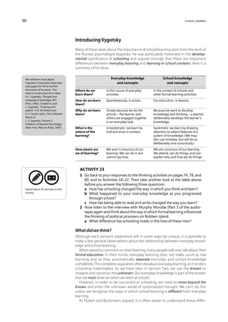 90                                                                                                                school learning




                                      Introducing Vygotsky
                                      Many of these ideas about the importance of school learning stem from the work of
                                      the Russian psychologist Vygotsky. He was particularly interested in the develop-
                                      mental significance of schooling and argued strongly that there are important
                                      differences between everyday learning and learning in school contexts. Here is a
                                      summary of his ideas:

 We will learn more about             		                     Everyday knowledge 	                School knowledge
 Vygotsky’s important ideas later     		                        and concepts	                      and concepts
 (see pages 93–94 for further
 discussion of his work). This        Where do we 	       In the course of everyday 	     In the context of schools and
 table is constructed from ideas      learn them?	        activities.	                    other formal learning activities.
 in L. Vygotsky, Thought and
 Language (Cambridge, MIT             How do we learn 	   Spontaneously, in action.	      Via instruction, in lessons.
 Press, 1962), Chapter 6, and         them?	
 L. Vygotsky, ‘Thinking and
 speech’ in R. W. Rieber and          Why do we learn 	   Simply because we do the 	      Because we want to develop
 A. S. Carton (eds.), The Collected   them?	              activity – the learner and 	    knowledge and thinking – a teacher
 Works of                             		                  others are engaged together 	   deliberately develops the learner’s
 L. S. Vygotsky, Volume 1:            		                  in an everyday task.	           knowledge.
 Problems of General Psychology
 (New York, Plenum Press, 1987).      What is the 	   Unsystematic: we learn by 	         Systematic: we learn by drawing
                                      nature of the 	 trial and error in context.	        attention to salient features of a
                                      learning?		                                         system of knowledge. (We may
                                      			                                                 also use mistakes, but will do so
                                      			                                                 deliberately and consciously.)
                                      How aware are 	     We aren’t conscious of our 	    We are conscious of our learning.
                                      we of learning?	    learning. We can do it, but 	   We attend, can do things, and can
                                      		                  cannot say how.	                explain why and how we do things.


                                         Activity 23
                                         1	 Go back to your responses to the thinking activities on pages 74, 78, and
                                            80, and to Activities 18–22. Then take another look at the table above
                                            before you answer the following three questions:
 Spend about 45 minutes on this          	 a	 How has schooling changed the way in which you think and learn?
 activity.                               	 b	 What happened to your everyday knowledge as you progressed
                                               through school?
                                         	 c	 How has being able to read and write changed the way you learn?
                                         2	 Now listen to the interview with Murphy Morobe (Part 3 of the audio-
                                            tape) again and think about the way in which formal learning influenced
                                            the thinking of political prisoners on Robben Island.
                                         	 a	 What difference has schooling made in the lives of these men?

                                      What did we think?
                                      Although each person’s experience will in some ways be unique, it is possible to
                                      make a few general observations about the relationship between everyday knowl-
                                      edge and school learning.
                                         When asked to comment on their learning, many people will only talk about their
                                      formal education. In their minds, everyday learning does not really count as real
                                      learning and so they automatically separate everyday and school knowledge
                                      completely. This complete separation often devalues everyday learning, or it renders
                                      schooling meaningless. As we have seen in Section Two, we use the known to
                                      imagine and construct the unknown. Our everyday knowledge is part of the known
                                      that we must draw on when we learn at school.
                                         However, in order to be successful at schooling, we need to move beyond the
                                      known and enter the unknown world of systematized thought. We can’t do this
                                      unless we recognize the ways in which school learning is different from everyday
                                      learning.
                                         As Floden and Buchmann argued, it is often easier to understand these differ-
 